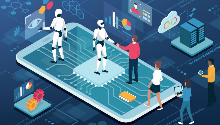 Wechselwirkung Mensch und KI: Menschen, die Android-Roboter auf einem Smartphone mit AI-Prozessor, künstlicher Intelligenz und dem Konzept der menschlichen Computerinteraktion treffen